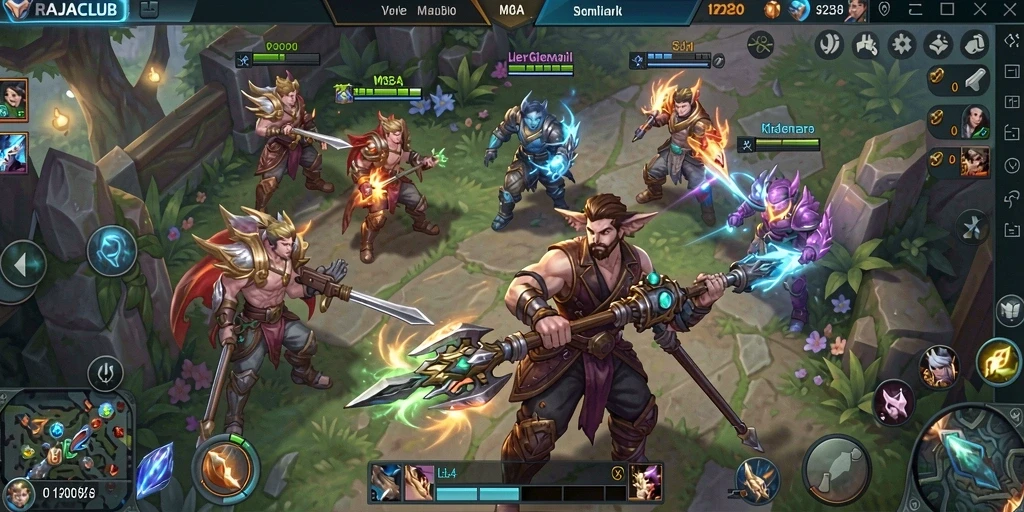 Tampilan gameplay seru di RAJACLUB dengan banyak aksi MOBA.