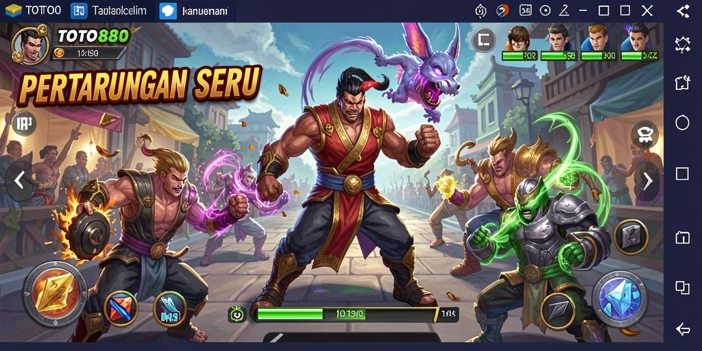 Screenshot utama TOTO80 menampilkan karakter bertarung dalam arena yang menegangkan.